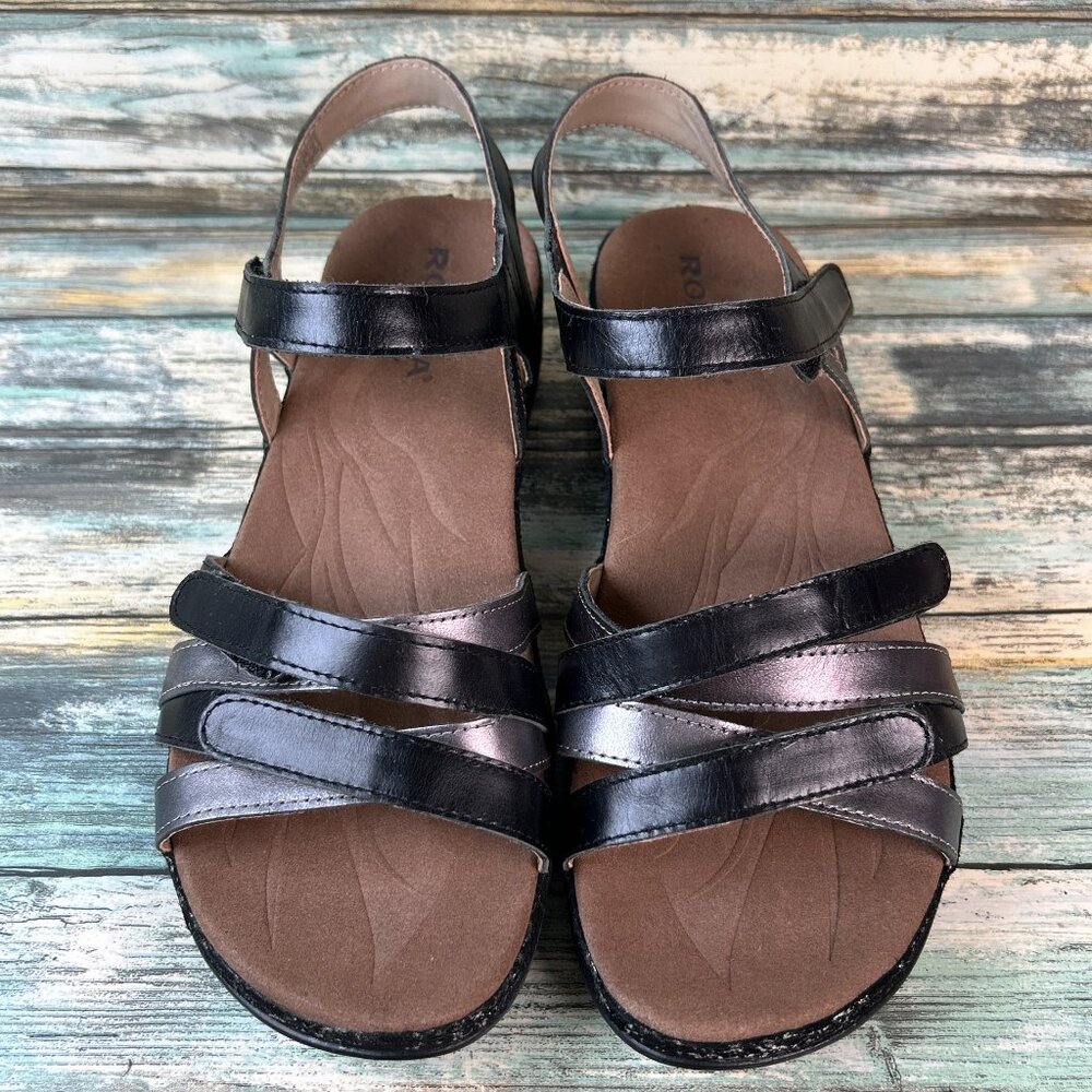 Romika Sandals Size 10-10.5/41 Black Leather Wedge Adjustable Comfort Walking